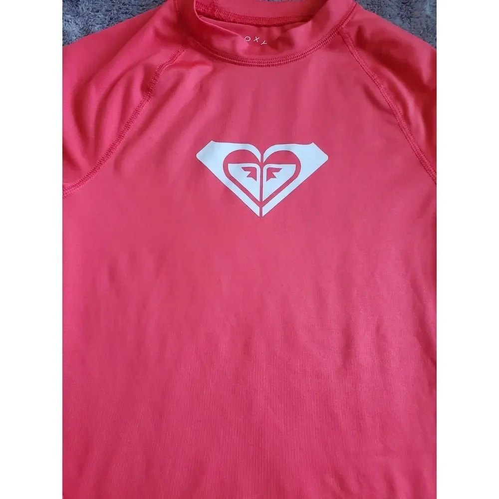 ROXY Long Sleeve Rash Guard Shirt Swim Surf.  Pink White Text Logo Size Girls M